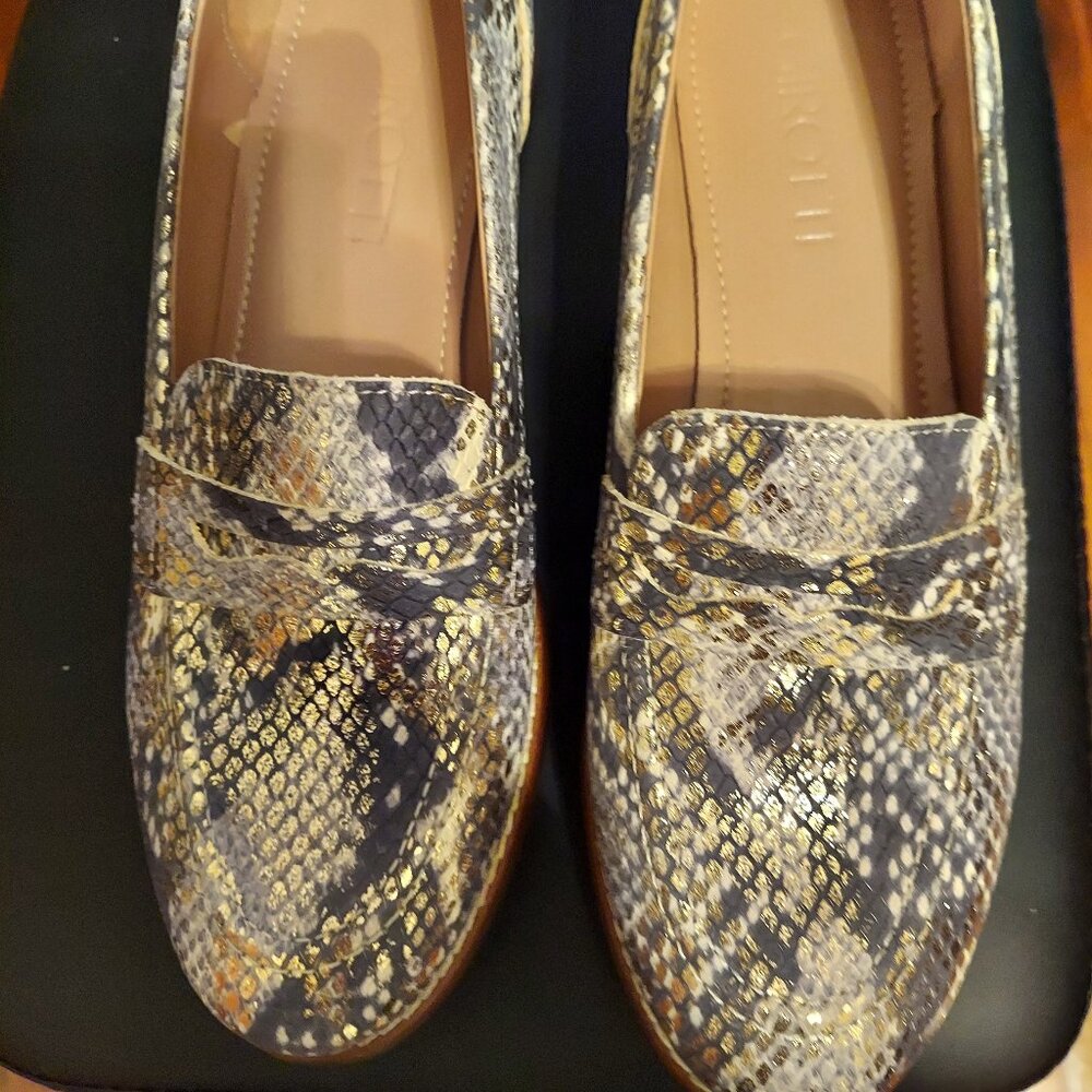 NWOB Girotti Italian Made Leather Penny Loafers Gold Metallic Python Print 7.5M